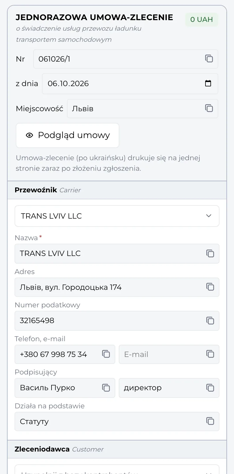 Formularz umowy-zlecenia w panelu Moisa Logistics: numer, data, przewoźnik i zleceniodawca