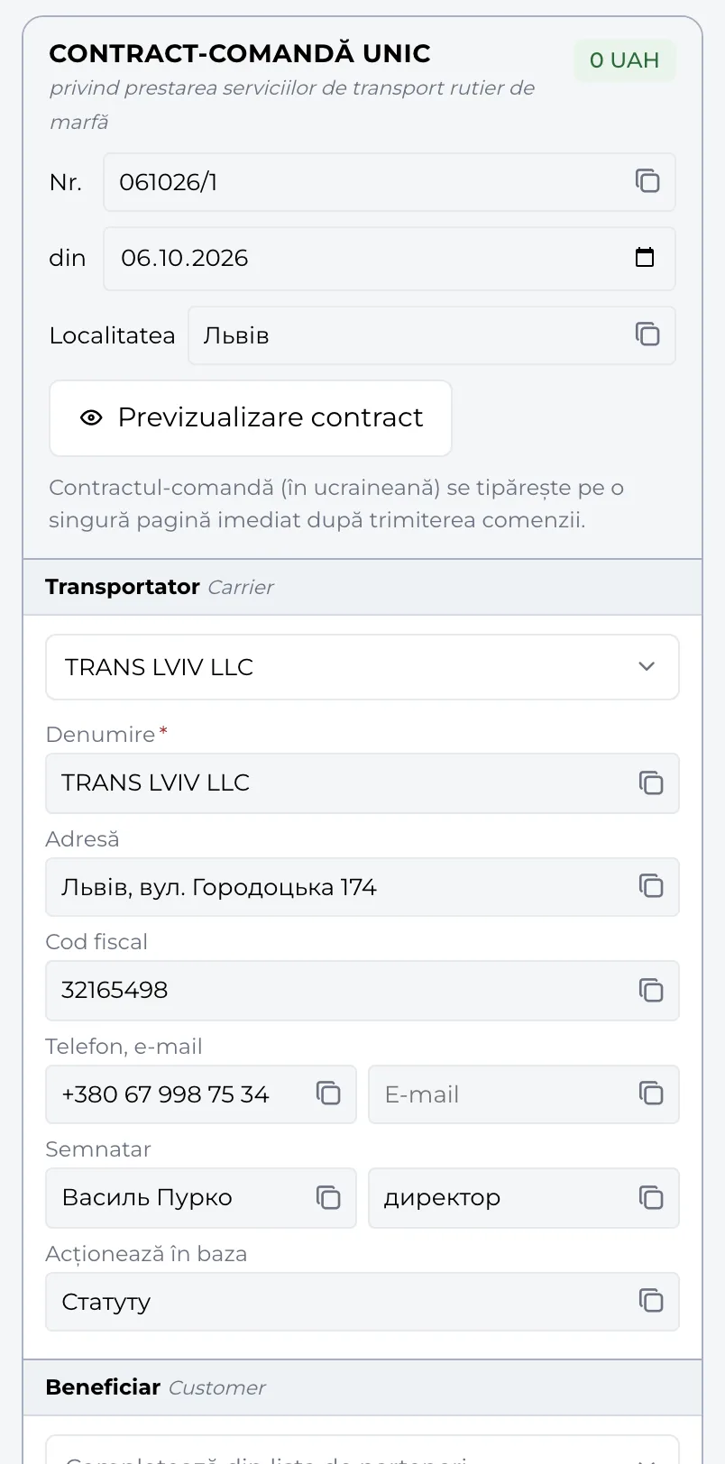 Formularul contractului-comandă în contul Moisa Logistics: numărul, data, transportatorul și clientul