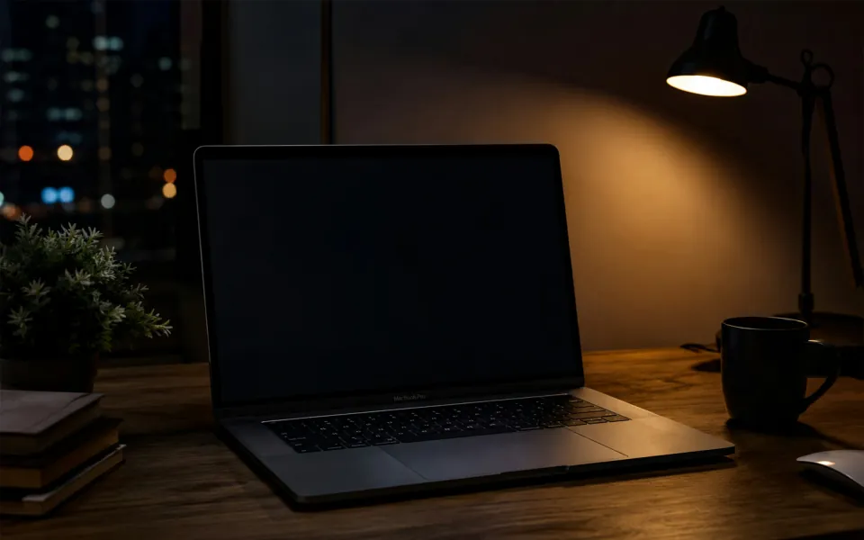 Laptop și veioză pe birou, seara târziu